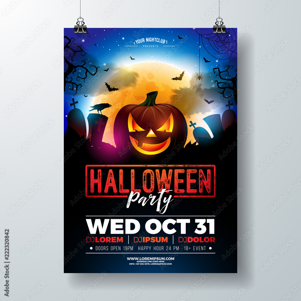 Naklejka premium Halloween Party flyer vector illustration with scary faced pumpkin on mysterious moon background. Holiday design template with crow, spiders, cemetery and flying bats for party invitation, greeting