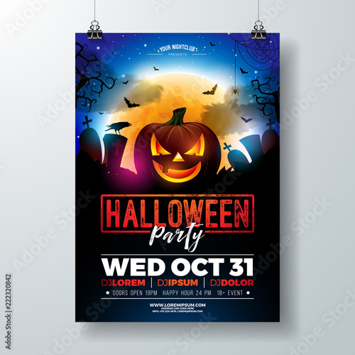Halloween Party flyer vector illustration with scary faced pumpkin on mysterious moon background. Holiday design template with crow, spiders, cemetery and flying bats for party invitation, greeting