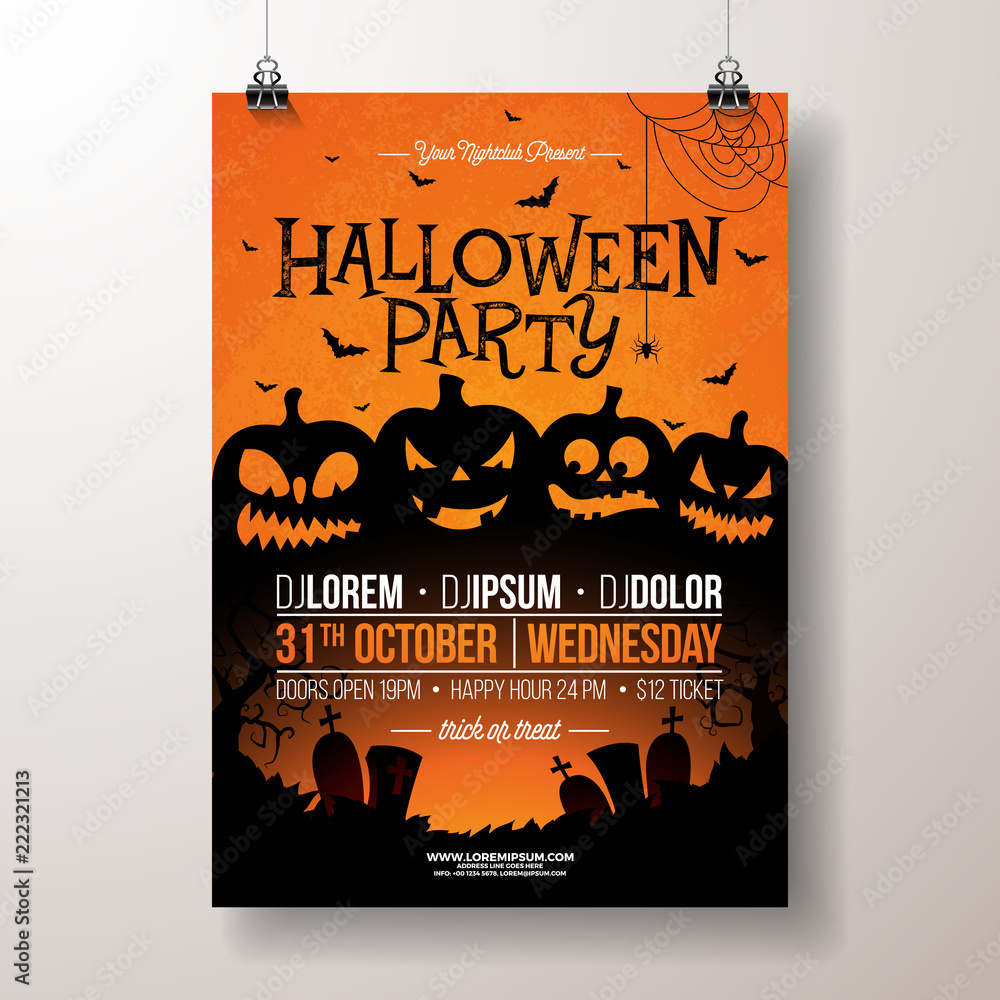 Naklejka premium Halloween Party flyer vector illustration with scary faced pumpkins on orange background. Holiday design template with cemetery and flying bats for party invitation, greeting card, banner or