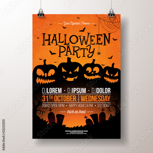 Halloween Party flyer vector illustration with scary faced pumpkins on orange background. Holiday design template with cemetery and flying bats for party invitation, greeting card, banner or