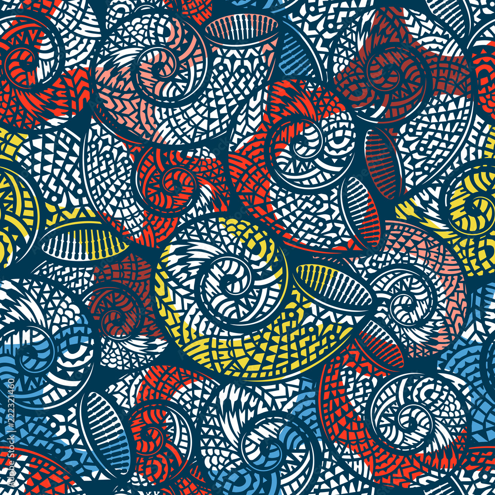 Seamless pattern with hand drawn spiral shells. Marine theme. Vector illustration. Seamless pattern with hand drawn spiral shells. Marine theme. Vector illustration.