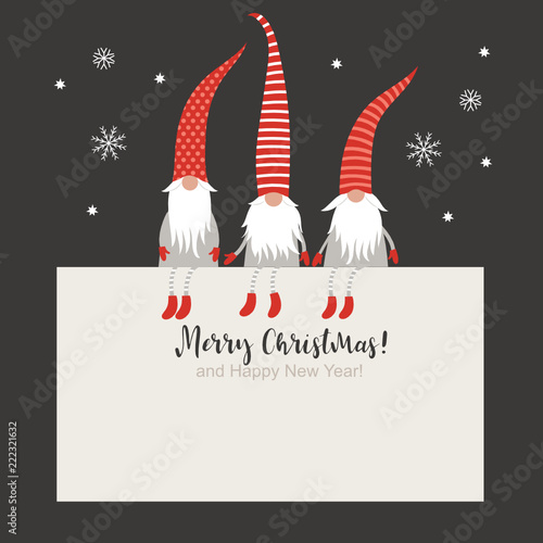 Christmas Card, Seasons greetings , cute Christmas gnomes in striped red hats