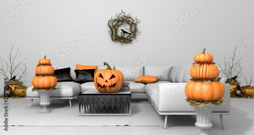 Fotografia 3D illustration of living room Halloween decoration