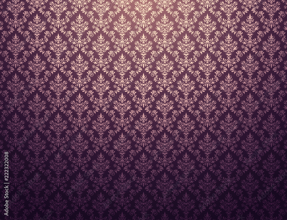 Purple wallpaper with gold damask pattern - obrazy, fototapety, plakaty 