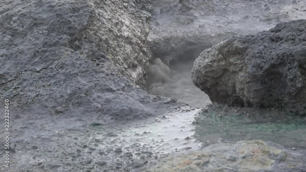 Iceland view of steam, smoke, boiling hot water, bubbling hot pots, gray red mud Iceland view of steam, smoke, boiling hot water, bubbling hot pots, gray red mud
