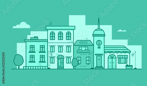 Vector monochrome flat illustration of town buildings