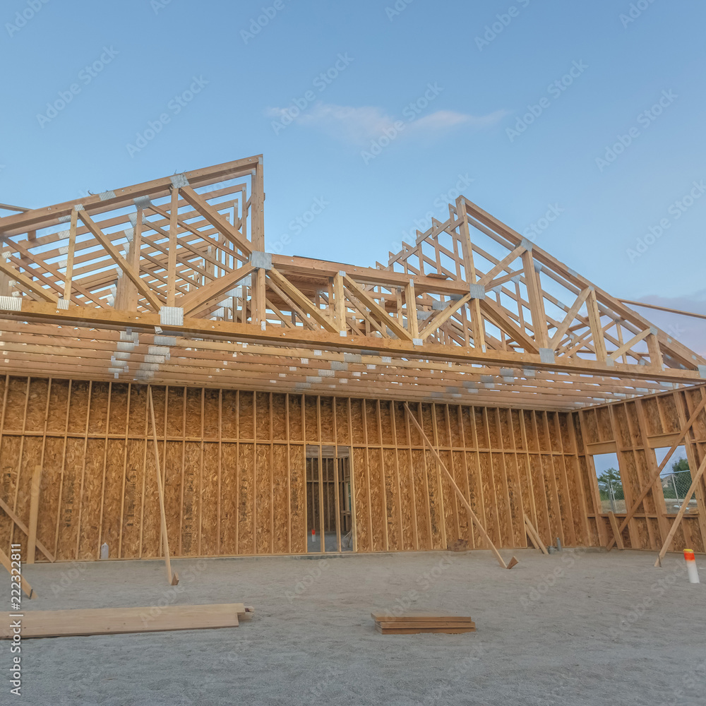 Large open area of the wooden construction roof Large open area of the wooden construction roof