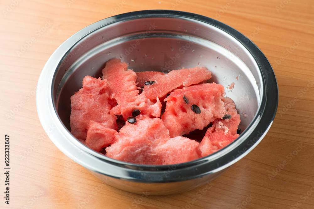 ripe watermelon in the shiny metal bowl flesh closeup macro texture background ripe watermelon in the shiny metal bowl flesh closeup macro texture background