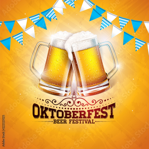 Oktoberfest Banner Illustration with Fresh Beer, Bavaria Party Flag and Typography Lettering on Shiny Yellow Background. Vector Traditional German Beer Festival Design Template for Greeting Card
