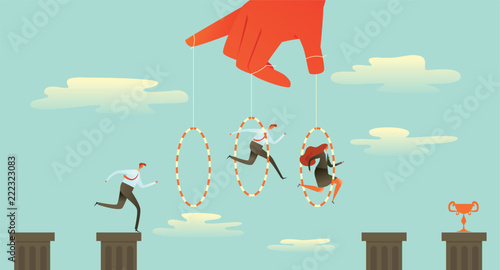 Ringmaster Circus Director, Big hand making his people jump through a hoop. Business concept manipulate behind the scene, Vector Illustration