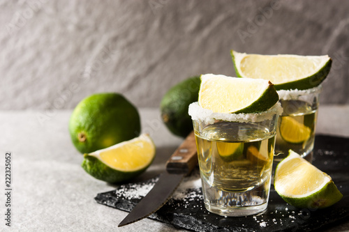 Mexican Gold tequila with lime and salt on black background. Copyspace