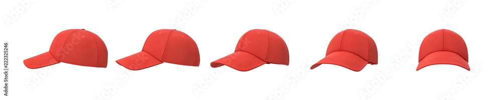 3d rendering of five red baseball caps shown in one line from side to front view on a white background.