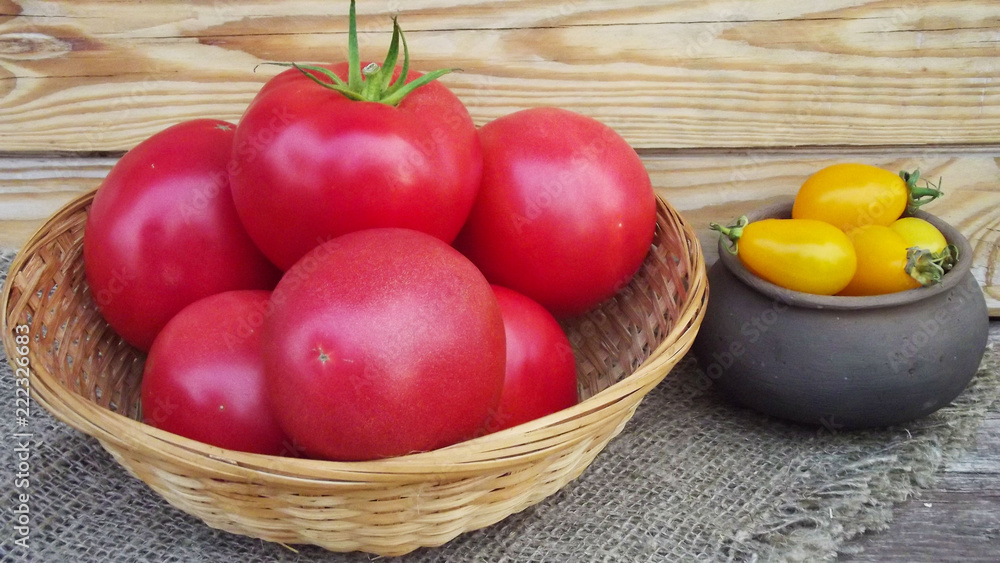 Red and yellow tomatoes in a basket and a pot.