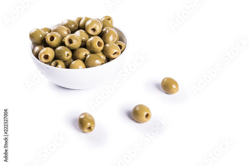 Olive boneless anchovy flavor on isolated pure white background ready to be consumed.