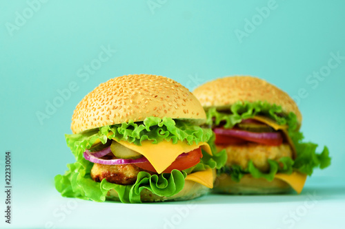 Unhealthy burgers with beef  cheese  lettuce  onion  tomatoes on blue background. Take away meal. Unhealthy diet concept. Copy space