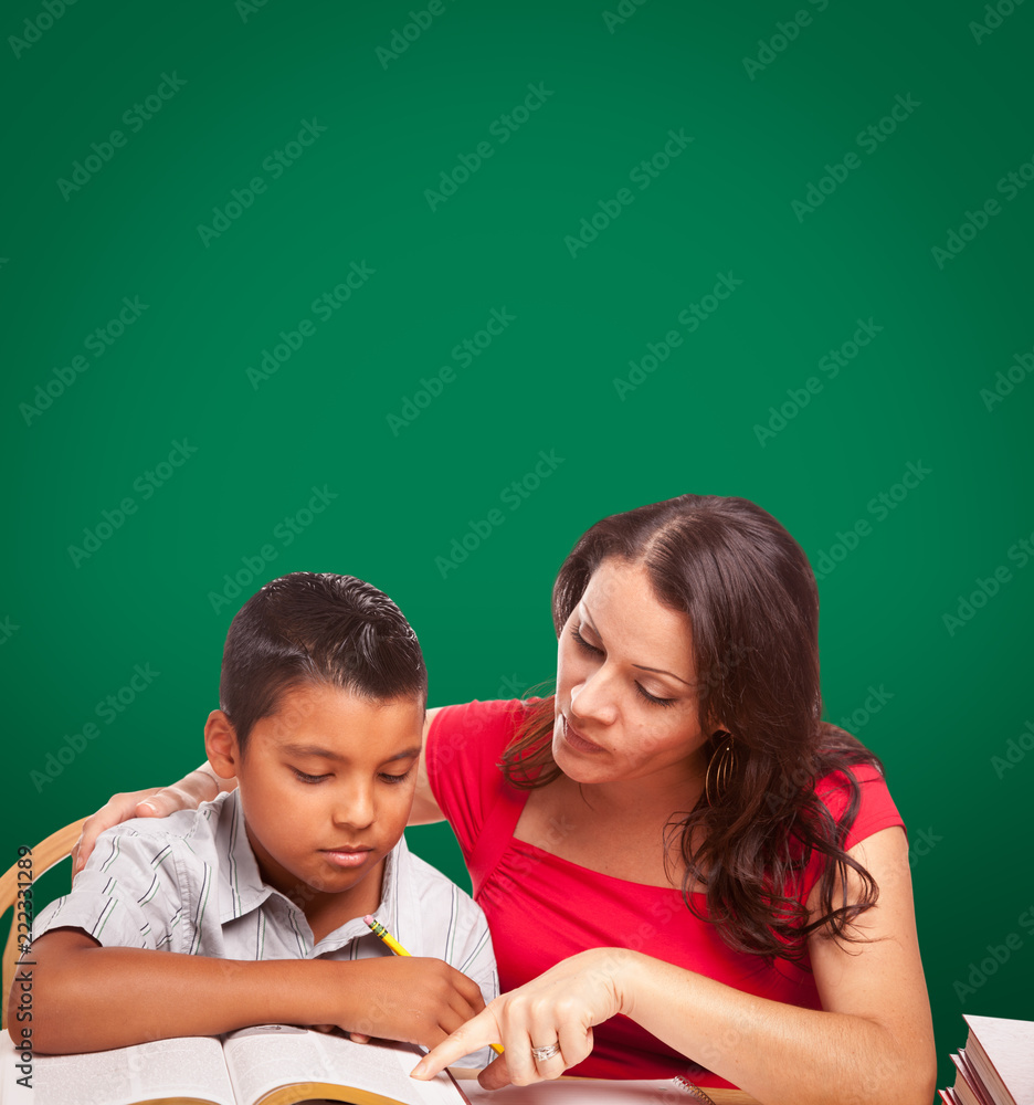 Blank Chalk Board Behind Hispanic Young Boy and Famale Adult Studying Blank Chalk Board Behind Hispanic Young Boy and Famale Adult Studying