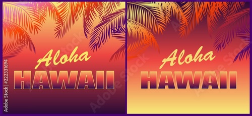 Tropical neon backgrounds with floral Aloha Hawaii lettering and palm leaves silhouettes for t shirt, party invitations and other design