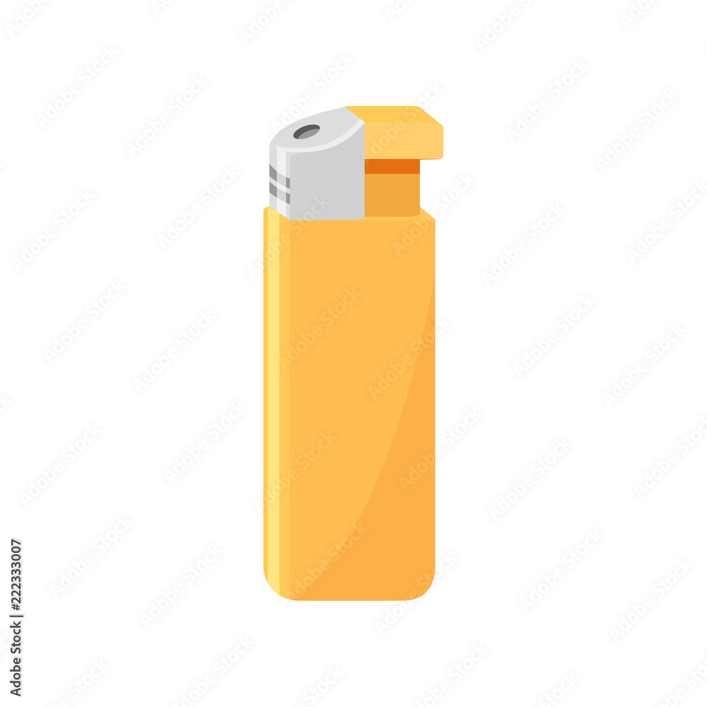 Bright yellow gas lighter. Item related to smoking theme. Small pocket device. Isolated flat vector icon Bright yellow gas lighter. Item related to smoking theme. Small pocket device. Isolated flat vector icon