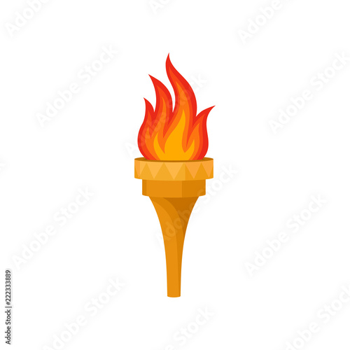 Flat vector icon of golden torch with brightly blazing fire. Graphic element advertising poster of sports event