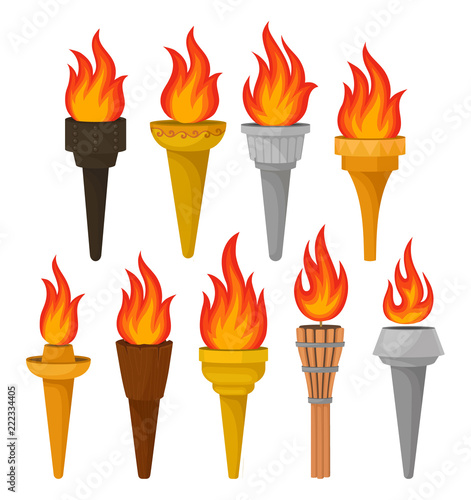 Set of different torches with brightly burning fire. Hot red-orange flame. Flat vector for mobile game or advertising poster