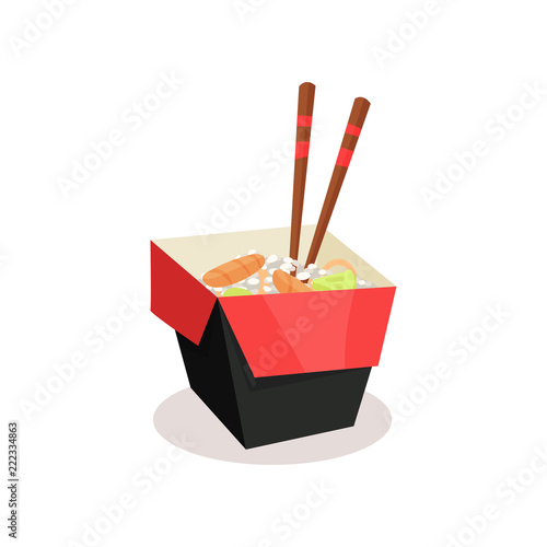 Opened cardboard box with rice, salmon, avocado and wooden sticks. Takeaway food. Delicious Asian meal. Flat vector icon