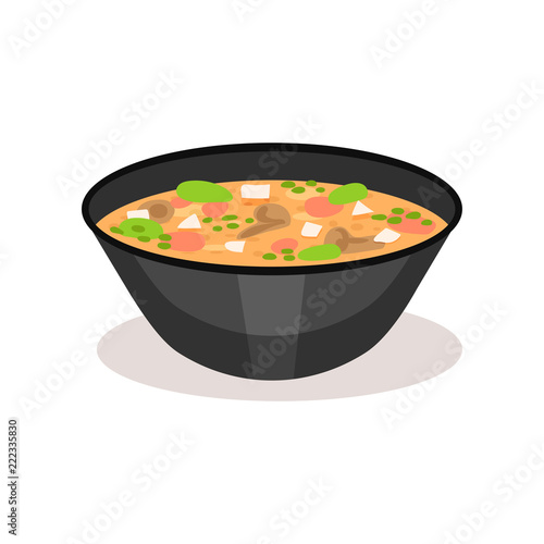 Appetizing soup in black ceramic bowl. Traditional Asian food. Flat vector element for promo poster or cafe menu