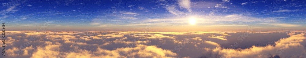Above the clouds. Panorama of the sky with clouds and sun.

