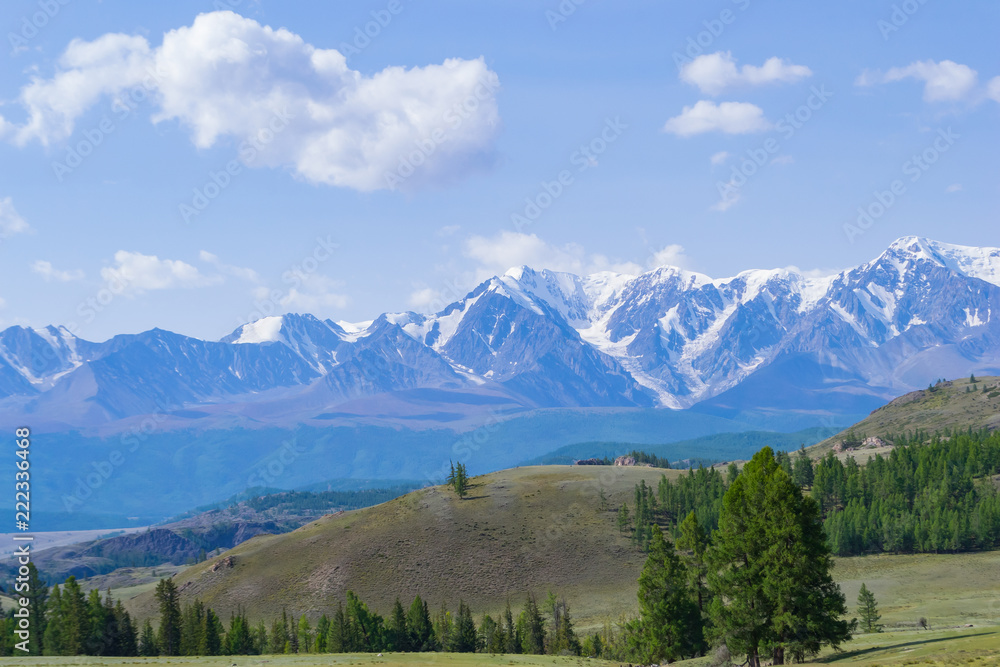 Landscape of snow-capped mountains, with green hilly valley and coniferous trees at a fresh summer day under a blue sky with white clouds and sun rays in Altai mountains