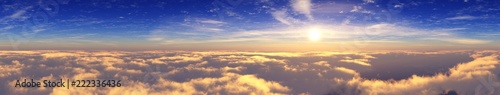Above the clouds. Panorama of the sky with clouds and sun. 