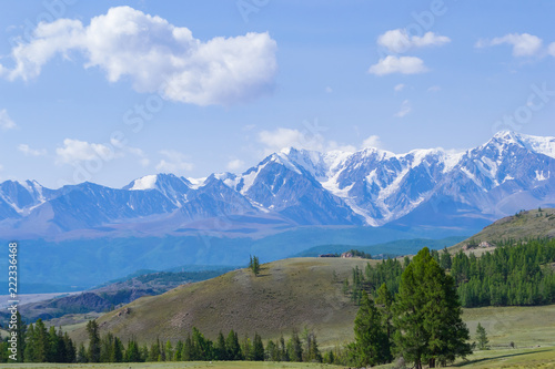 Landscape of snow-capped mountains, with green hilly valley and coniferous trees at a fresh summer day under a blue sky with white clouds and sun rays in Altai mountains