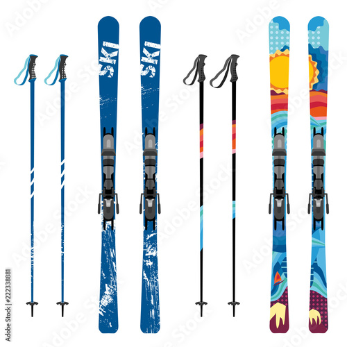 Vector mountain ski and sticks detailed on white background. Mountain skis and sticks sport equipment photo
