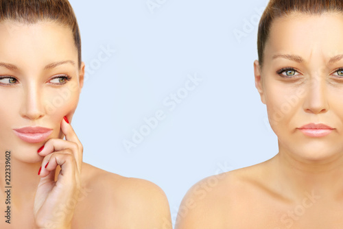 Aging. Mature woman-young woman.Face with skin problem