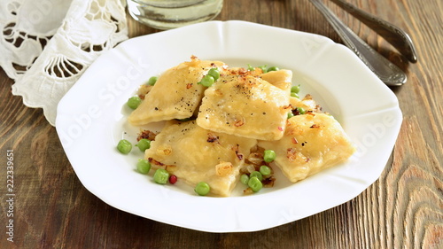 Ravioli with ricotta and peas, tortellini