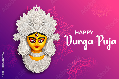 Goddess Durga Face in Happy Durga Puja Subh Navratri background