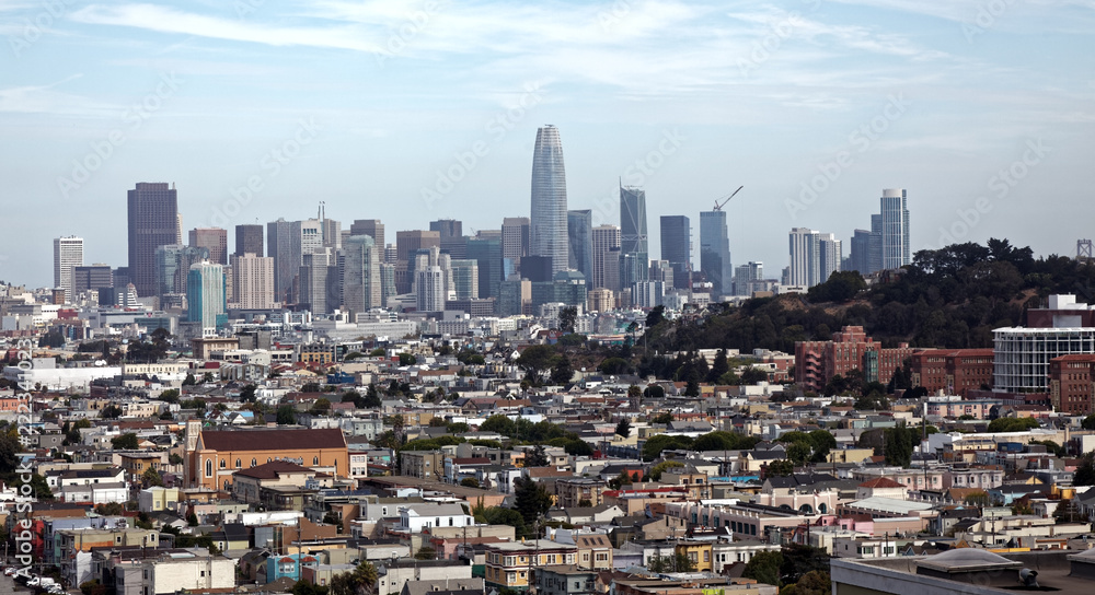 San Francisco cityscape skyline seen from Bernal Hill.
