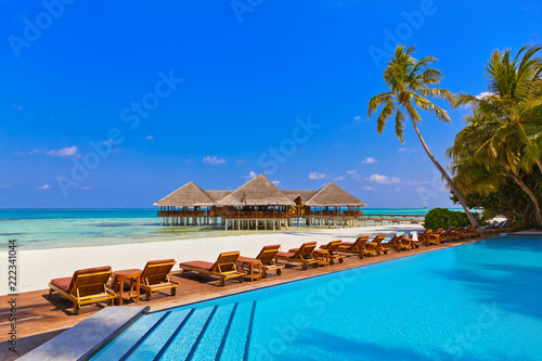 Pool and cafe on Maldives beach