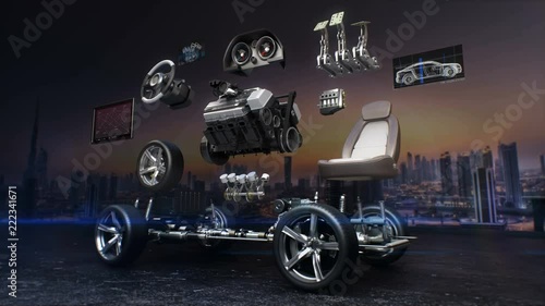 Disassembled car, engine, safety seat, Instrument panel, navigation, Accelerator pedal, car audio video system, tires, 4k animation.