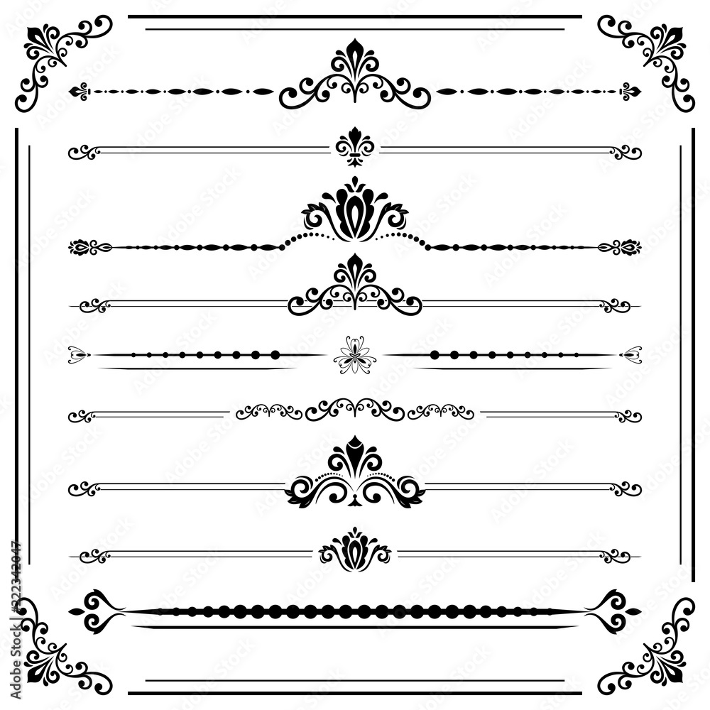 Vintage set of decorative elements. Horizontal separators in the frame. Collection of different ornaments. Classic black and white patterns. Set of vintage patterns