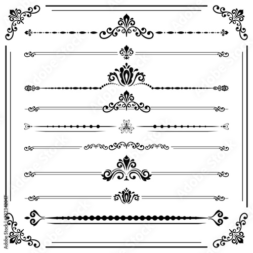 Vintage set of decorative elements. Horizontal separators in the frame. Collection of different ornaments. Classic black and white patterns. Set of vintage patterns