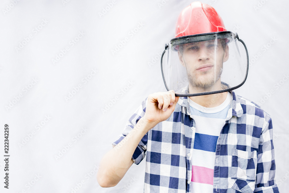 portrait of male worker in casual in protective red glass mask isolated d portrait of male worker in casual in protective red glass mask isolated d