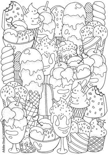 Coloring book page. Set of vector sketches: ice cream in wafer cone and bowl, frozen creamy desserts, eskimo in chocolate glaze, fruit ice.
