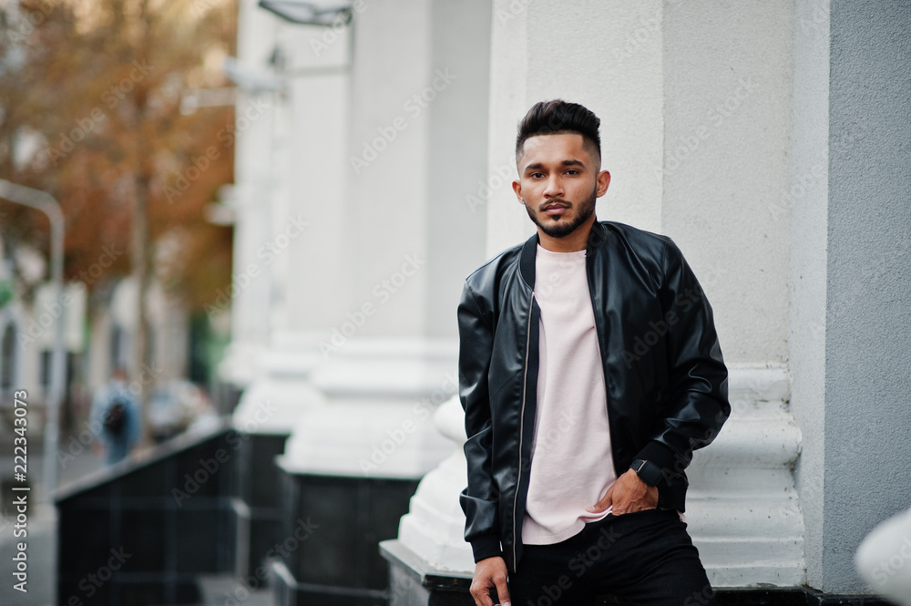 Stylish indian beard man at black leather jacket. India model posed outdoor  at streets of city. Stock Photo | Adobe Stock