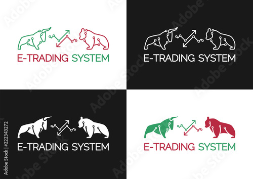 Emblem of E-Trading System. Set of pictograms of artistic silhouettes of a bull and a bear formed from printable circuit board pattern standing on both sides of trending arrows.