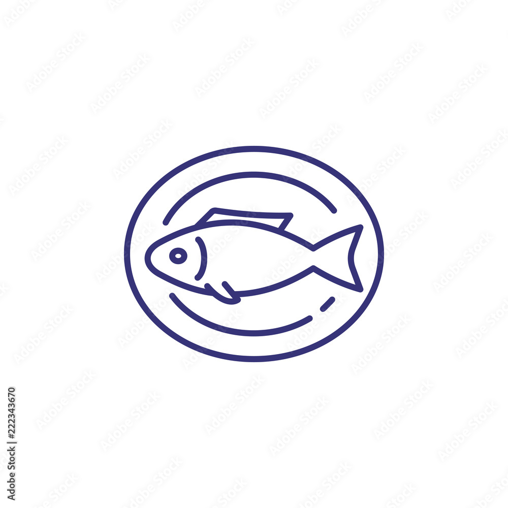 Cooked fish on plate line icon. Roast fish, dinner, seafood