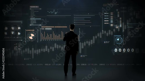 Businessman analyzing economic  animated global stock Market charts and financial graphs. 4k animation.