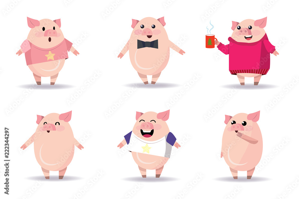 Pig like man character set with different poses, emotions, gestures. Parts of bow tie, sweater, tshirts, hot drink. Can be used for topics like animal, behavior, fashion Pig like man character set with different poses, emotions, gestures. Parts of bow tie, sweater, tshirts, hot drink. Can be used for topics like animal, behavior, fashion