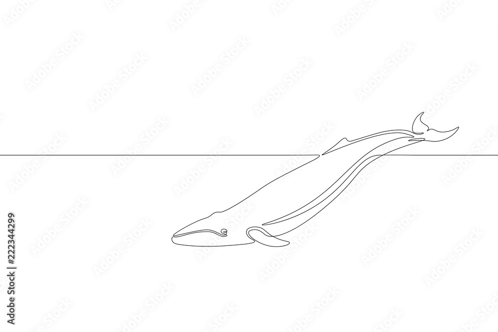 Naklejka premium Single continuous line art marine whale swim silhouette. Nature ocean ecology life environment concept. Big tale sea wave design one sketch outline drawing vector illustration