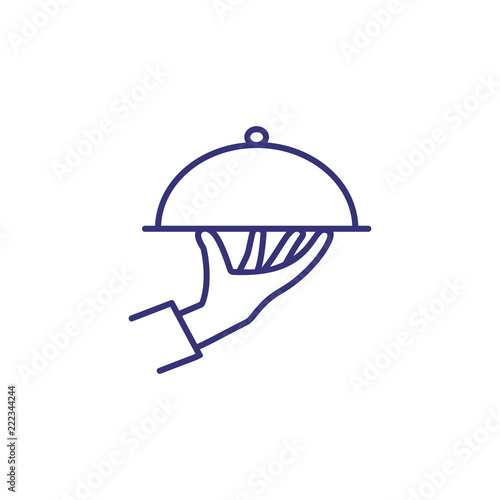 Waiter hand holding dish line icon. Waiter, menu, dinner. Restaurant concept. Vector illustration can be used for topics like food, catering, service