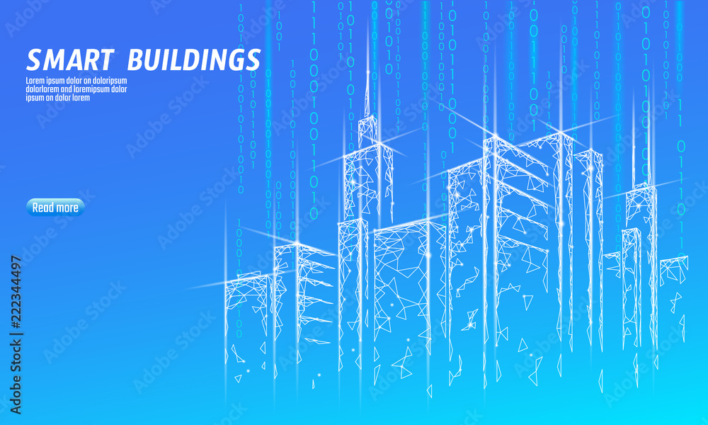 Low poly smart city 3D wire mesh. Intelligent building automation