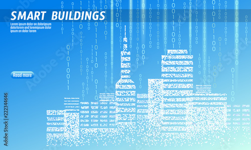 Smart city 3D spotted dots. Intelligent building automation system business concept. Web online computer binary code. Architecture urban cityscape technology sketch banner vector illustration